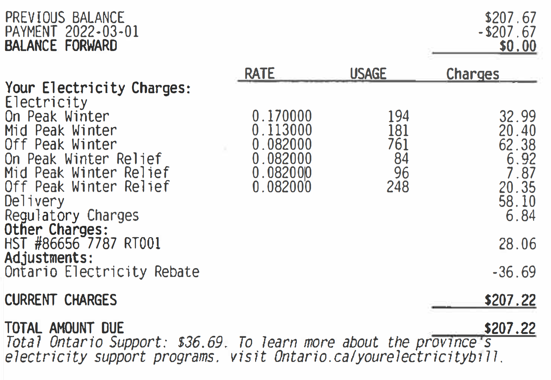 Charges on bill